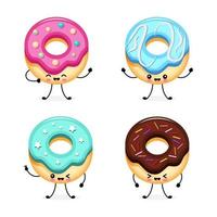 conjunto de donas dulces kawaii. donas sonrientes lindas felices. ilustración de vector plano con personajes de comida lindos y divertidos en estilo kawaii.