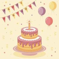 Happy birthday greeting card and party invitation with cake, flags and balloons in hand drawn style. Vector illustration.