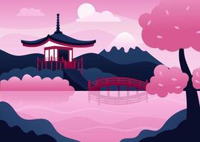 Japanese landscape. Landscape with Mount Fuji, japanese pagoda, lake and bridge. Vector illustration.