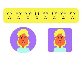 Customizable cute avatar or profile picture template with face expressions. Girl or woman with curly blonde hair. Suitable for your web and mobile application design