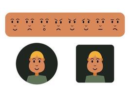 Customizable cute straight hair boy or man avatar with happy, sad, surprised, mad, evil, hopeful, palm face, and confused expressions. picture profile template for web or app design vector