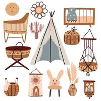 Cute collection of furniture and decor in boho style in the nursery. Flat boho vector isolated element for kids
