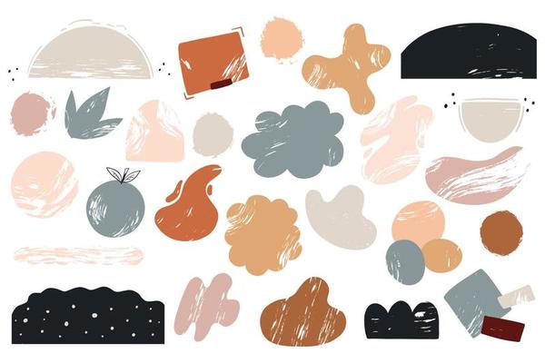 Set Abstract Geometric decorative elements with texture. Collection modern minimalist aesthetic figure for design. Flat boho vector isolated element