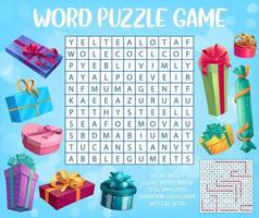 Holiday presents and gifts word search puzzle game vector