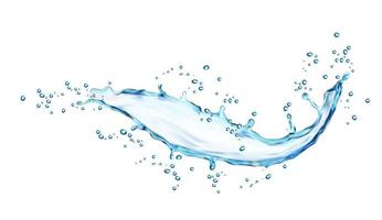 Blue water wave splash with drops, water flow vector