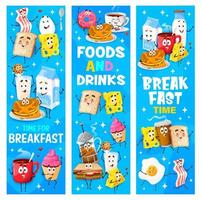 Cartoon funny breakfast food characters banners vector
