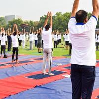 Group Yoga exercise session for people of different age groups at cricket stadium in Delhi on International Yoga Day, Big group of adults attending yoga session photo