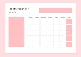 Pink 2023 monthly planner calendar template. Minimalistic flat planner. vector