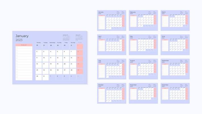 2023 year monthly calendar with  planner template