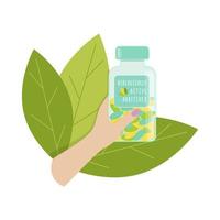 aditivos biológicamente activos mano femenina sostiene botella con suplementos dietéticos, con hojas verdes. vector