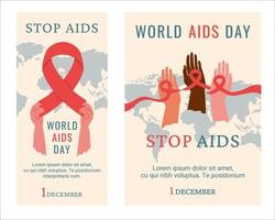 World Aids day. Set of posters. Awareness of AIDS. People of different colour, nationality holding red ribbon as symbol of unity, help for one another. Support for hiv infected people. Vector