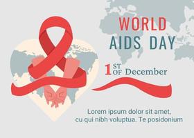 AIDS day banner. People together as symbol of unity, help for one another. Support for hiv infected people. Red AIDS ribbon around hands. Vector illustration for banner template