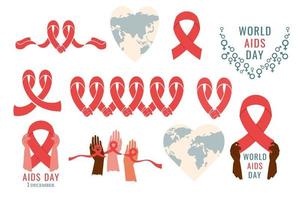 World Aids day. Set of symbols for banners, flyers, posters, web. Awareness of AIDS. People of different colour, nationality holding red ribbon. Support for hiv infected people. Vector illustration
