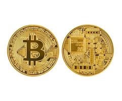 Front and back golden bitcoin symbol on white photo