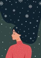 Winter illustration with a girl in a sweater with long hair in snowflakes. Vector design for postcard, poster, flyer