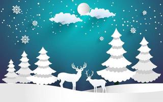 Deer in the snowy forest. paper art design vector