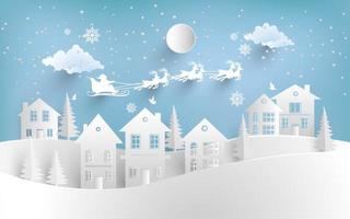 Santa Claus flying over the house. paper cut design vector