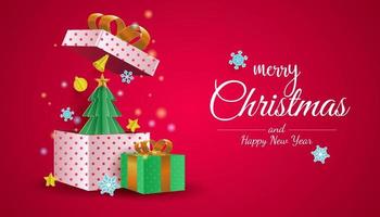 Feliz navidad y próspero año nuevo. fondo de regalo y árbol de navidad vector