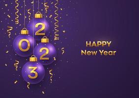 Happy New Year 2023. Hanging purple Christmas bauble balls with realistic golden 3d numbers 2023 and glitter confetti. Greeting card Holiday Xmas and New Year poster banner, flyer. Vector Illustration