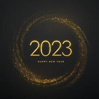 Happy New 2023 Year. Golden metallic luxury numbers 2023 on shimmering background. Realistic sign for greeting card. Bursting backdrop with glitters. Festive poster or banner. Vector illustration.