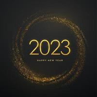 Happy New 2023 Year. Golden metallic luxury numbers 2023 on shimmering background. Realistic sign for greeting card. Bursting backdrop with glitters. Festive poster or banner. Vector illustration.