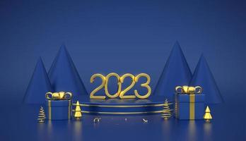 Happy New 2023 Year. 3D Golden metallic numbers 2023 on blue stage podium. Scene, round platform with gift boxes and golden metallic pine, spruce trees on blue background. Vector illustration.