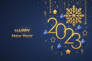 Happy New 2023 Year. Hanging Golden metallic numbers 2023 with shining snowflake and confetti on blue background. New Year greeting card or banner template. Holiday decoration. Vector illustration.