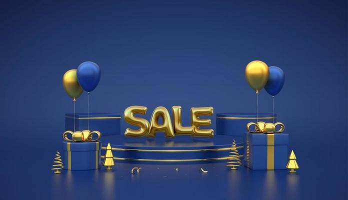 SALE banner. Golden Sale balloon word. Scene and 3D round platforms on blue background. Pedestal with gift boxes with gold bow, metallic pine spruce trees, festive helium balloons. Vector illustration