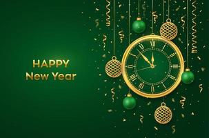 Happy New Year 2023. Golden shiny watch with Roman numeral and countdown midnight, eve for New Year. Background with shining gold and green balls. Merry Christmas. Xmas holiday. Vector illustration.