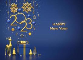 Happy New 2023 Year. Hanging golden metallic numbers 2023 with snowflakes, stars, balls on blue background. Gift boxes, gold deer and metallic pine or fir, cone shape spruce trees. Vector illustration