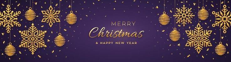 Fondo púrpura navideño con copos de nieve dorados y bolas colgantes. feliz navidad tarjeta de felicitación. cartel de vacaciones de navidad y año nuevo, banner web. ilustración vectorial. vector