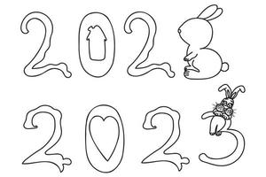 The number two thousand and twenty-three is drawn with a black outline, the number three is like a rabbit, it is intended for calendar, poster, printing and other cases. vector