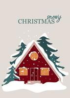 Snowy christmas postcard. Greeting flyer template with forest red house on winter cold day. vector