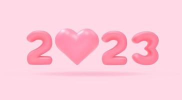 Happy new year 2023, 3d vector pink number. Realistic shiny figures and heart render.  Illustration for greeting card, banner, cover.