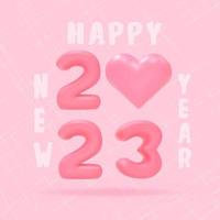 Happy new year 2023 template with 3d pink number. Realistic shiny figures and heart render.  Vector illustration for greeting card, banner, cover.