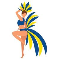 European woman in carnival costume and bikini in yellow and blue color dancing. Vector illustration.