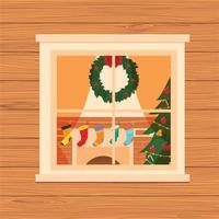 Christmas living room through window in wooden home. Living room with fireplace, socks, spruce. Vector illustration.