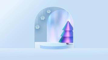 Christmas background with podium and minimal Christmas scene with Christmas tree and snowflakes. For product presentation. Vector illustration