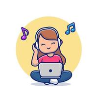 chica escuchando música con auriculares y laptop ilustración de icono de vector de dibujos animados. concepto de icono de música de personas vector premium aislado. estilo de dibujos animados plana