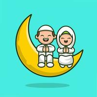 Cute Moslem Couple Sitting On Moon Cartoon Vector Icon Illustration. People Religion Icon Concept Isolated Premium Vector. Flat Cartoon Style