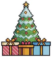 Pixel art christmas tree with gifts vector icon for 8bit game on white background