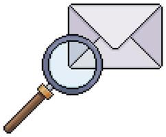 Pixel art envelope and magnifying glass, email analytics vector icon for 8bit game on white background