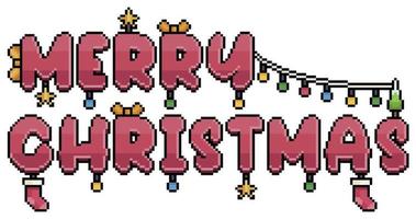 Pixel art red merry christmas text decorated with christmas items vector icon for 8bit game on white background