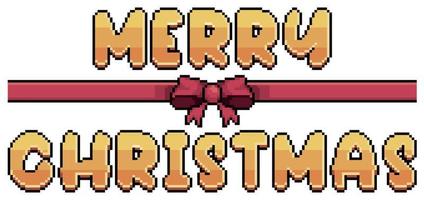 Pixel art golden merry christmas text with red ribbon and bow vector icon for 8bit game on white background