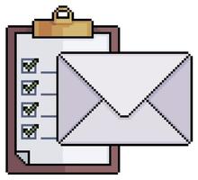 Pixel art clipboard with envelope, email checking vector icon for 8bit game on white background