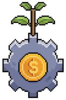 Pixel art gear with coin and plant vector icon for 8bit game on white background
