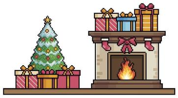 Pixel art fireplace and christmas tree with gifts over base background vector for 8 bit game