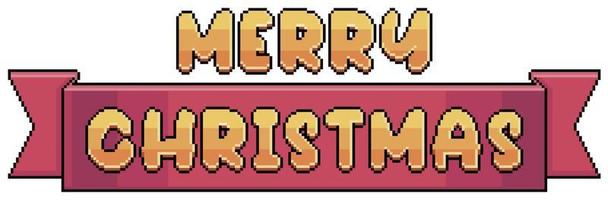 Pixel art merry christmas text and red banner vector icon for 8bit game on white background