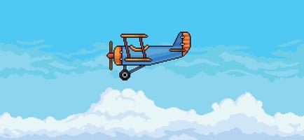 Pixel art scene of plane flying in blue sky with clouds background vector for 8 bit game