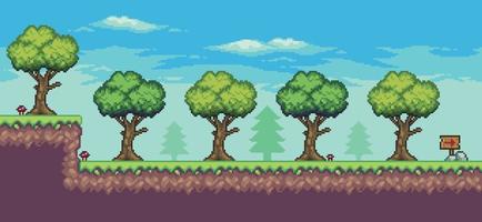 Pixel art arcade game scene with tree, wooden board, and clouds 8bit vector background